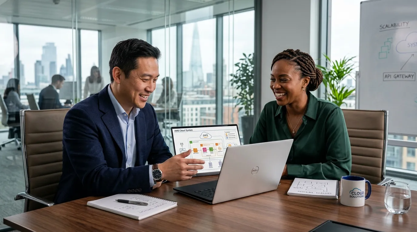 Factor Zero principal software architect and enterprise technology director collaborating over cloud system architecture diagrams on a laptop